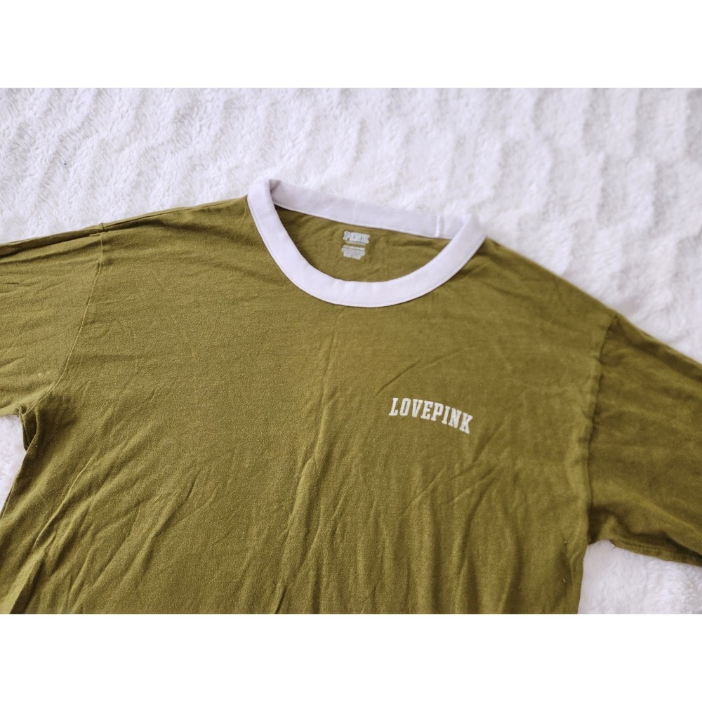 PINK Victoria's Secret Ringer T-Shirt Small S Olive Green‎ Long Sleeve Athletics